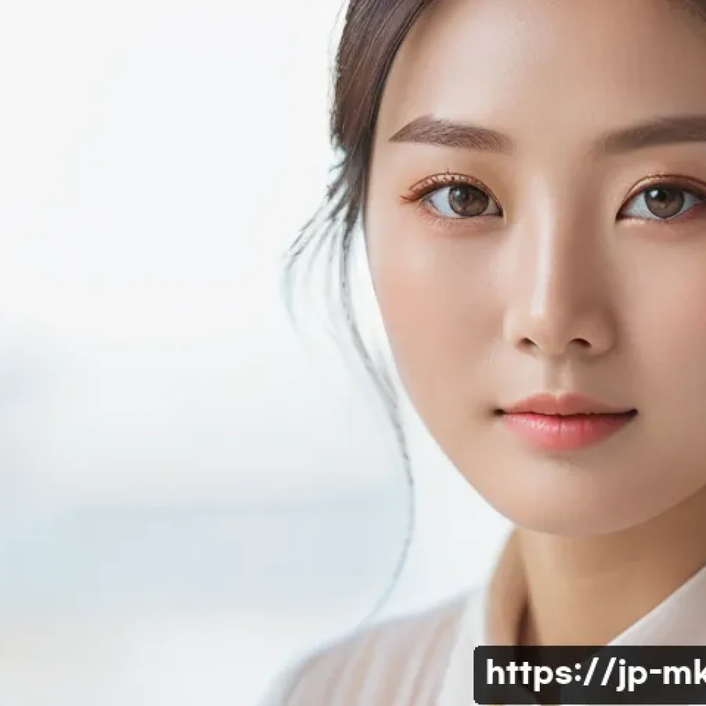 톤 업 크림과 메이크업 베이스 차이 - A close-up portrait of a young Japanese woman with flawless, radiant skin showcasing a natural glow ...
