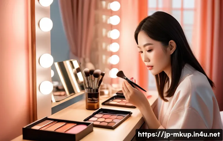 멀티 팔레트로 완성하는 메이크업 - A stylish Japanese woman in a modern, softly lit bedroom applying makeup using a compact multi-palet...