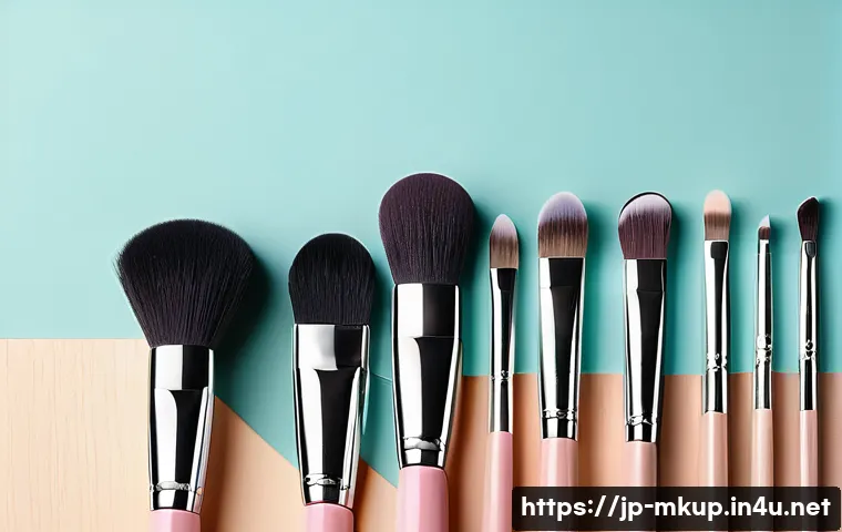 초보자를 위한 메이크업 브러쉬 세트 추천 - A close-up image of a professional makeup brush set arranged neatly on a light wooden table, featuri...