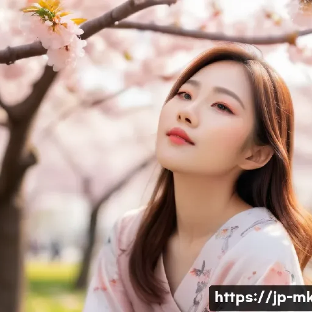 3CE 벨벳 립틴트 추천 색상 - A young Japanese woman in springtime, wearing soft pastel pink and coral orange velvet lipstick, sit...