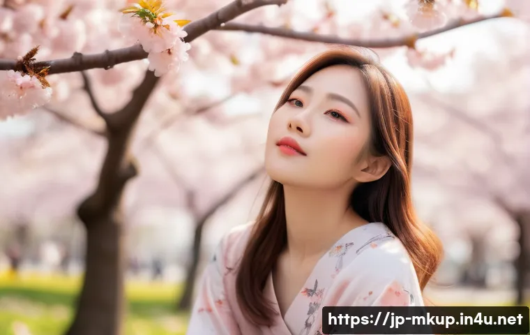 3CE 벨벳 립틴트 추천 색상 - A young Japanese woman in springtime, wearing soft pastel pink and coral orange velvet lipstick, sit...