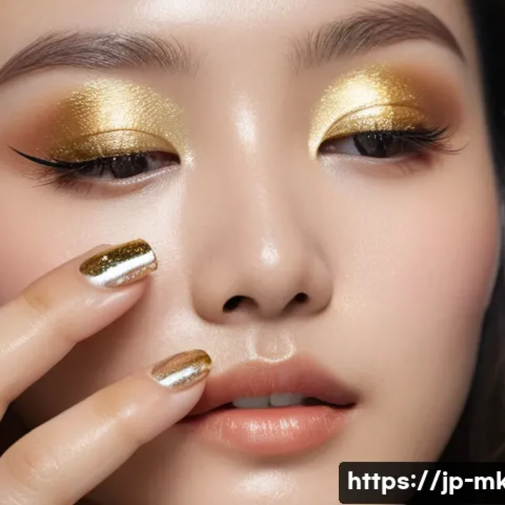 메탈릭 아이섀도우와 매트 섀도우 차이 - A close-up portrait of a young Japanese woman applying metallic eyeshadow with her fingertip, showca...
