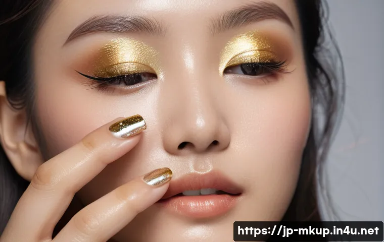 메탈릭 아이섀도우와 매트 섀도우 차이 - A close-up portrait of a young Japanese woman applying metallic eyeshadow with her fingertip, showca...