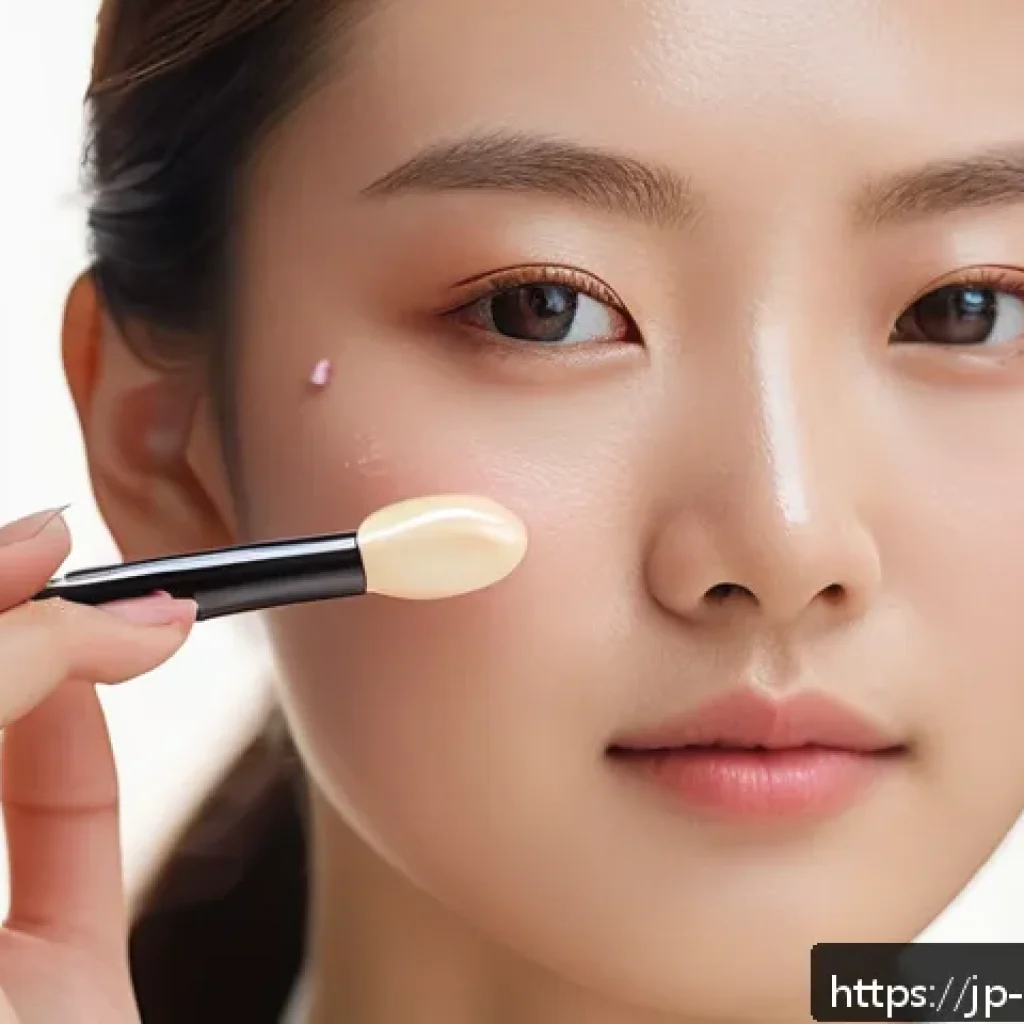 더샘 컨실러와 클리오 컨실러 비교 - A close-up portrait of a young Japanese woman applying creamy concealer under her eyes in soft natur...