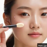 더샘 컨실러와 클리오 컨실러 비교 - A close-up portrait of a young Japanese woman applying creamy concealer under her eyes in soft natur...