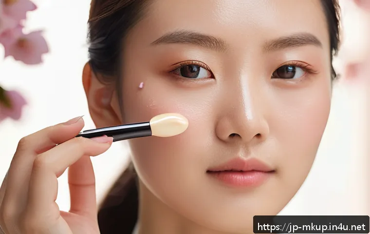 더샘 컨실러와 클리오 컨실러 비교 - A close-up portrait of a young Japanese woman applying creamy concealer under her eyes in soft natur...