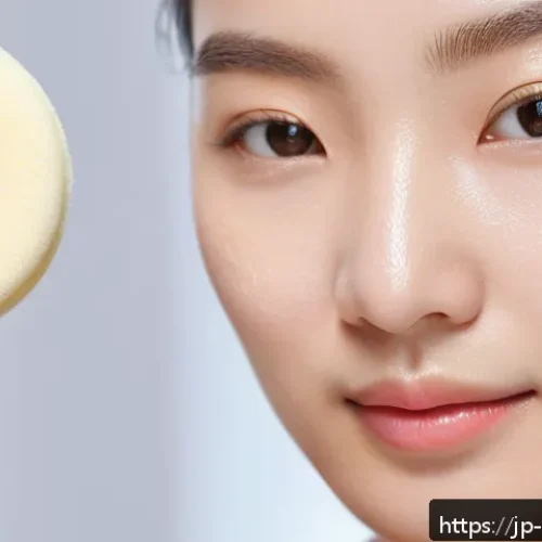 브러쉬와 뷰티 스펀지의 차이 - A close-up portrait of a Japanese woman with dry skin applying foundation using a damp beauty sponge...