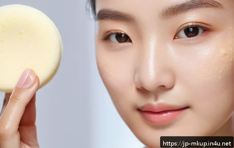 브러쉬와 뷰티 스펀지의 차이 - A close-up portrait of a Japanese woman with dry skin applying foundation using a damp beauty sponge...