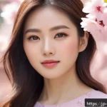 오일 프리 메이크업 베이스 추천 - A close-up portrait of a young Japanese woman with a fresh spring makeup look, featuring smooth, mat...