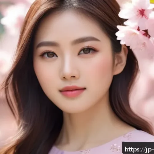 오일 프리 메이크업 베이스 추천 - A close-up portrait of a young Japanese woman with a fresh spring makeup look, featuring smooth, mat...