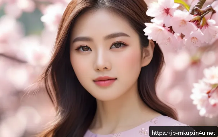 오일 프리 메이크업 베이스 추천 - A close-up portrait of a young Japanese woman with a fresh spring makeup look, featuring smooth, mat...