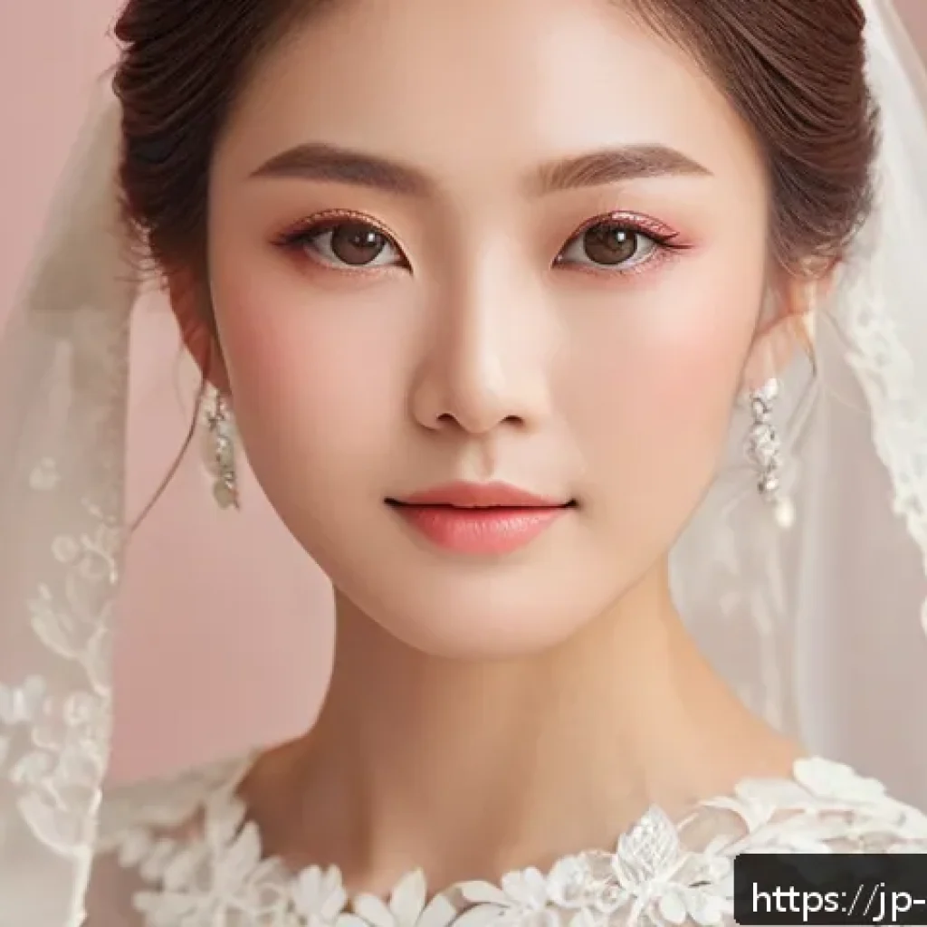웨딩 메이크업에 적합한 제품 추천 - A close-up portrait of a young Japanese woman with flawless, natural skin makeup for a spring weddin...
