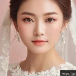 웨딩 메이크업에 적합한 제품 추천 - A close-up portrait of a young Japanese woman with flawless, natural skin makeup for a spring weddin...