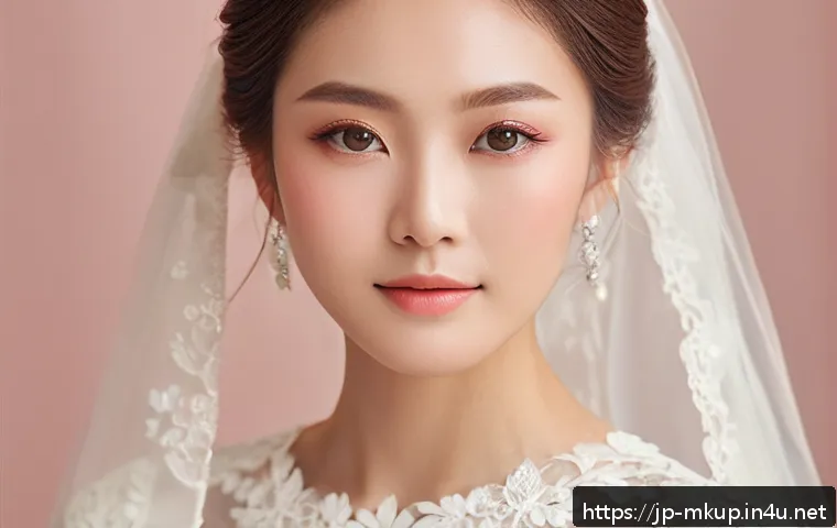 웨딩 메이크업에 적합한 제품 추천 - A close-up portrait of a young Japanese woman with flawless, natural skin makeup for a spring weddin...