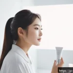 올인원 메이크업 제품 추천 - A modern Japanese woman in her 20s with flawless, natural glowing skin, applying a lightweight cream...