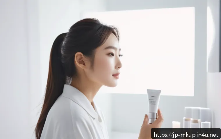 올인원 메이크업 제품 추천 - A modern Japanese woman in her 20s with flawless, natural glowing skin, applying a lightweight cream...