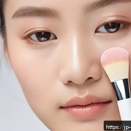아이섀도우 베이스로 사용하는 컨실러 - A close-up portrait of a young Japanese woman applying creamy beige concealer gently on her eyelids ...