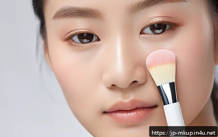 아이섀도우 베이스로 사용하는 컨실러 - A close-up portrait of a young Japanese woman applying creamy beige concealer gently on her eyelids ...