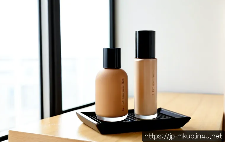 가성비 좋은 리퀴드 파운데이션 추천 - Photorealistic beauty editorial scene of three elegant unbranded liquid foundation bottles in varied...